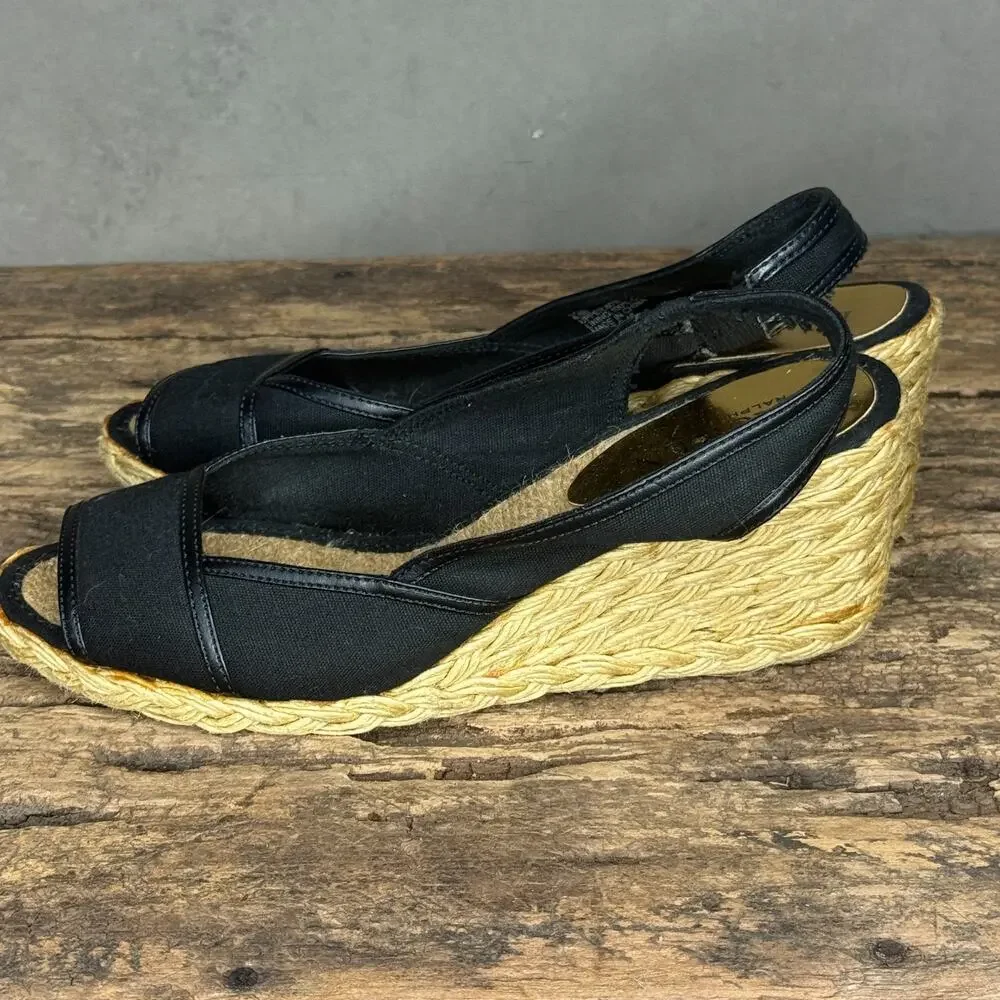 Lauren Ralph Lauren Catrin Espadrille Wedge Slingback Black Canvas Size 6.5B